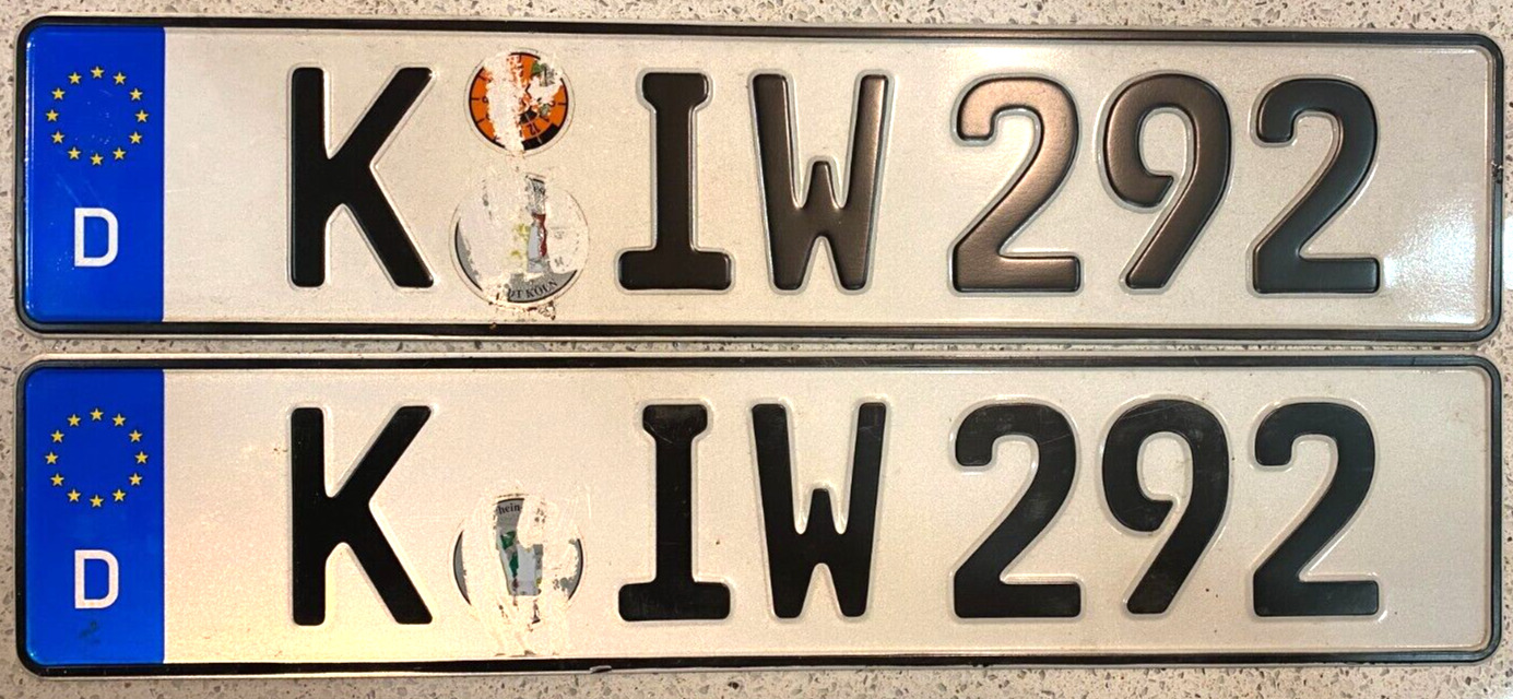 German Euro License Plate Pair K IW 292 Cologne (Köln), North-Rhine-Westphalia