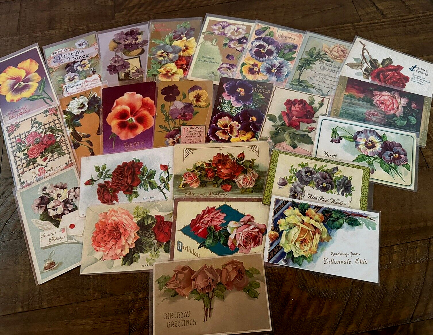 LOT of 23 Greetings Postcards with~ROSES & PANSY~Flowers Floral~In Sleeves-h746