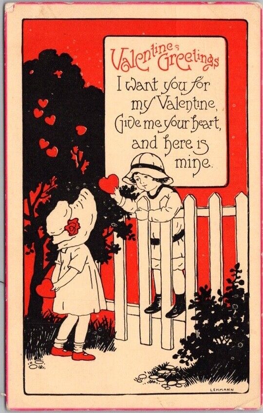 1910s Bergman VALENTINE GREETINGS Postcard Boy Girl Fence Artist-Signed LEHMANN