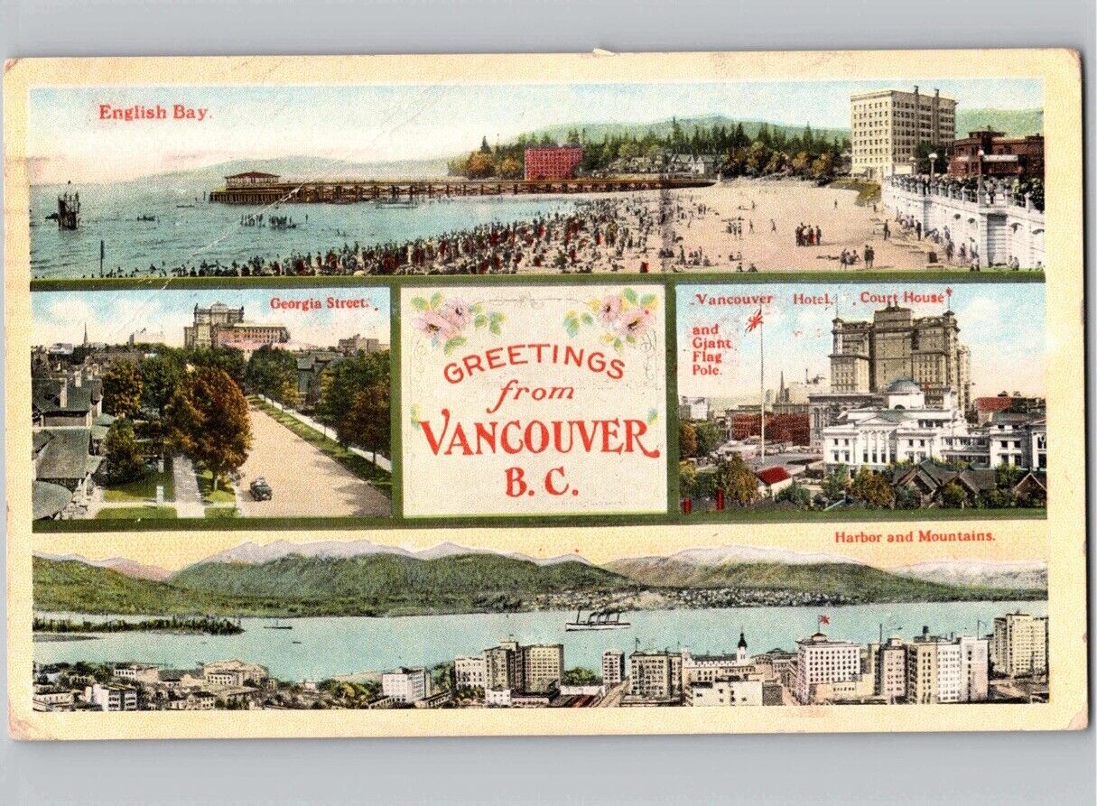 c1921 Greetings From Vancouver BC British Columbia Canada Multiview Postcard
