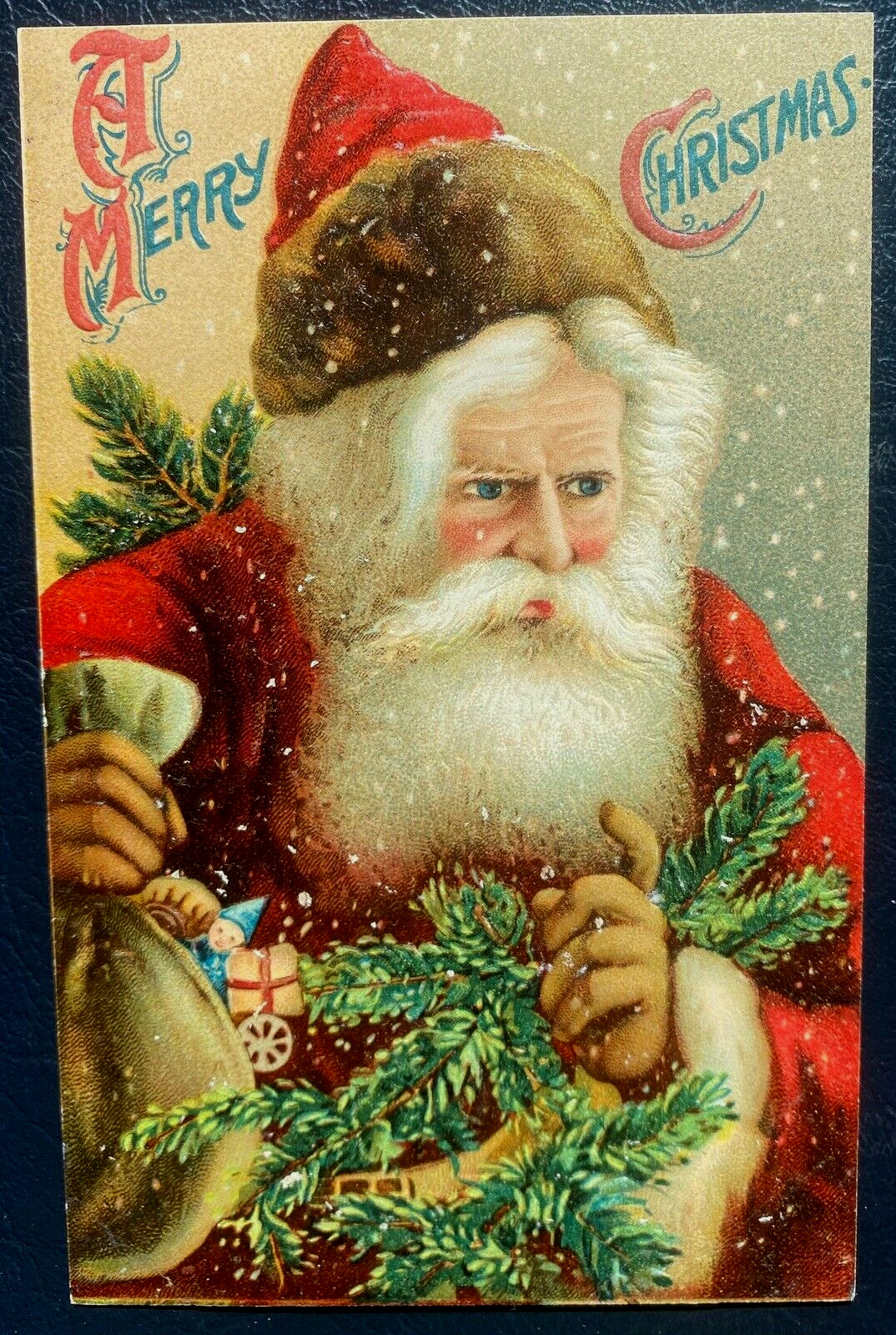 Long Beard Santa Claus with Pine Branches~Sack~Antique Christmas Postcard-k301