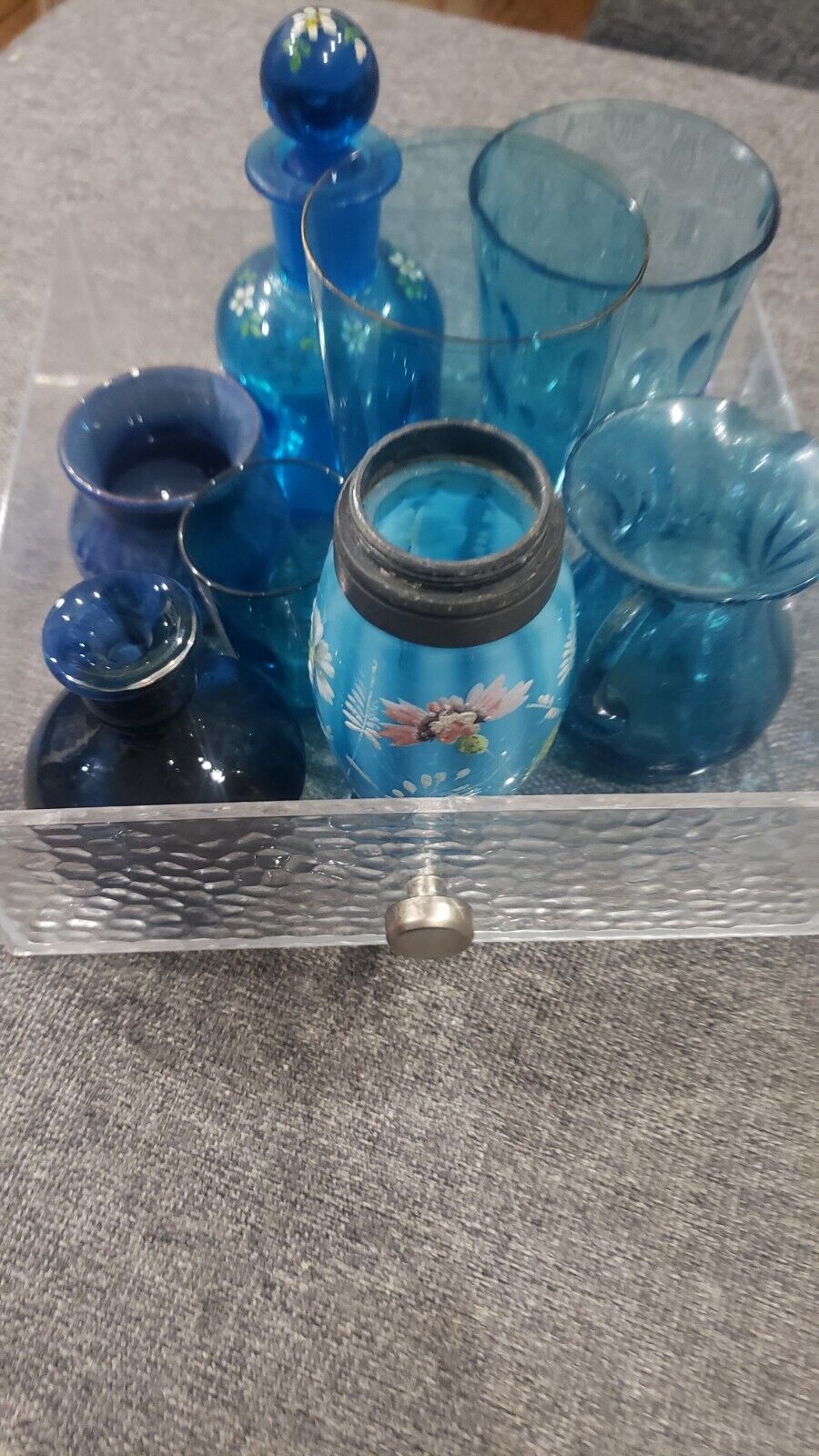Collection Of 8 Antique Blue Cobalt  Glasses Mini Bottles Handpainted Opaline