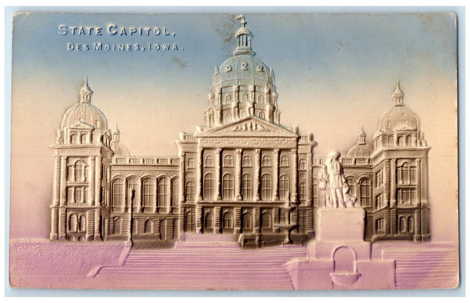 c1910 State Capitol Exterior Des Moines Iowa Embossed Airbrush Vintage Postcard