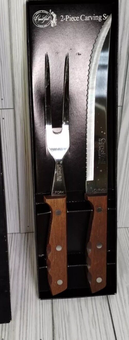 Carvel Hall 2 PC Carving Set In Original Box Vtg Wood Handles Knife Fork