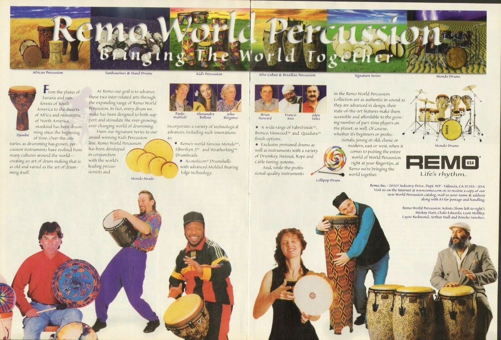 1997 2pg Print Ad Remo World Percussion w Mickey Hart Arthur Hall Poncho Sanchez
