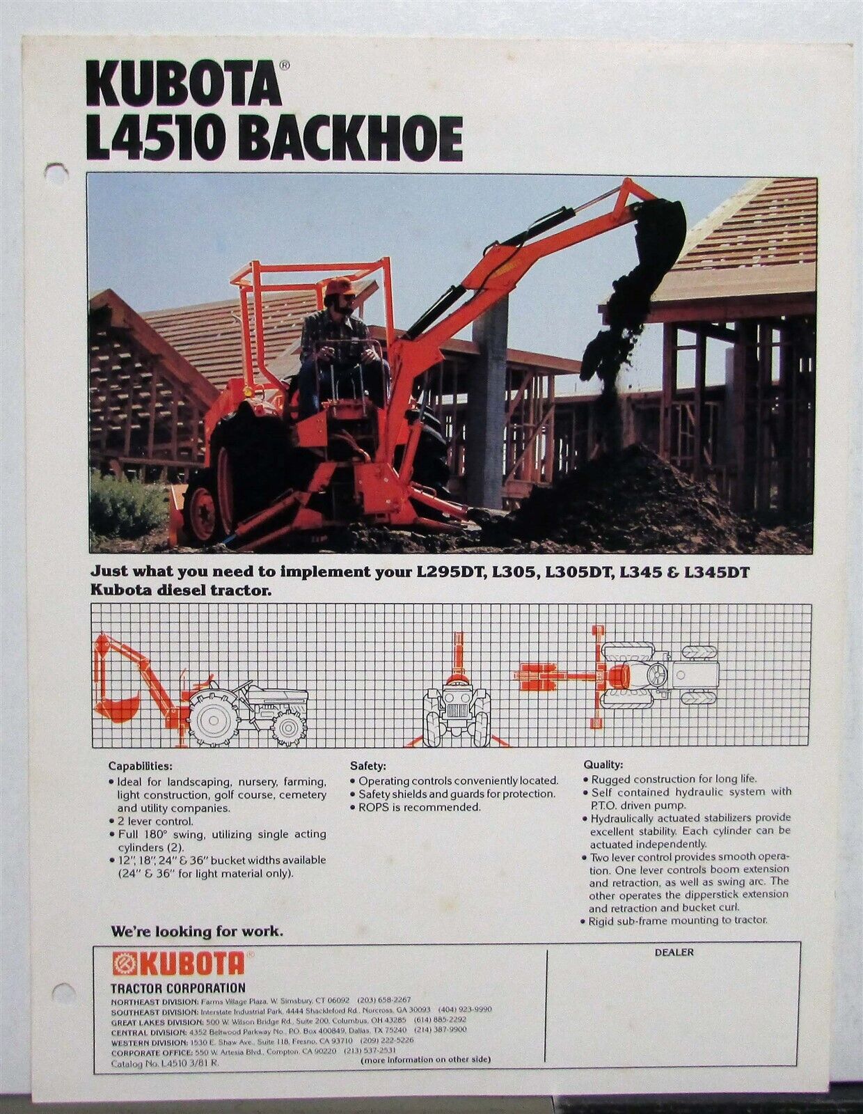 1981 Kubota L4510 Backhoe Specifications Construction Sales Data Sheet