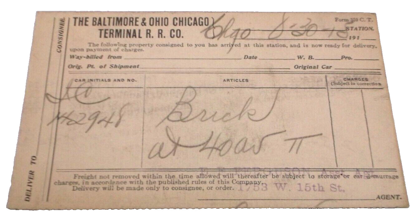 AUGUST 1915 B&O BALTIMORE & OHIO CHICAGO TERMINAL B&OCT FREIGHT POST CARD C