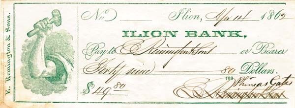 Eliphalet Remington III Signed Check - Autographed Stocks & Bonds