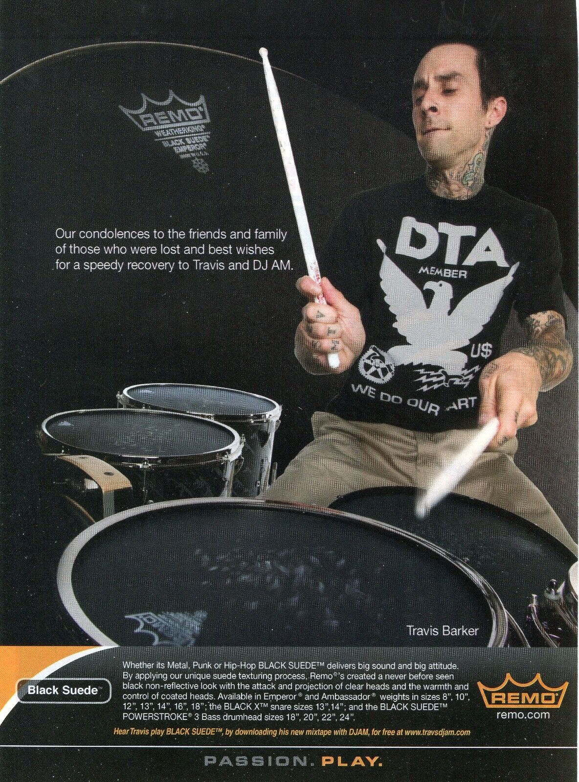 2008 Print Ad of Remo Drumheads Travis Barker DJ AM Best Wishes & Condolences