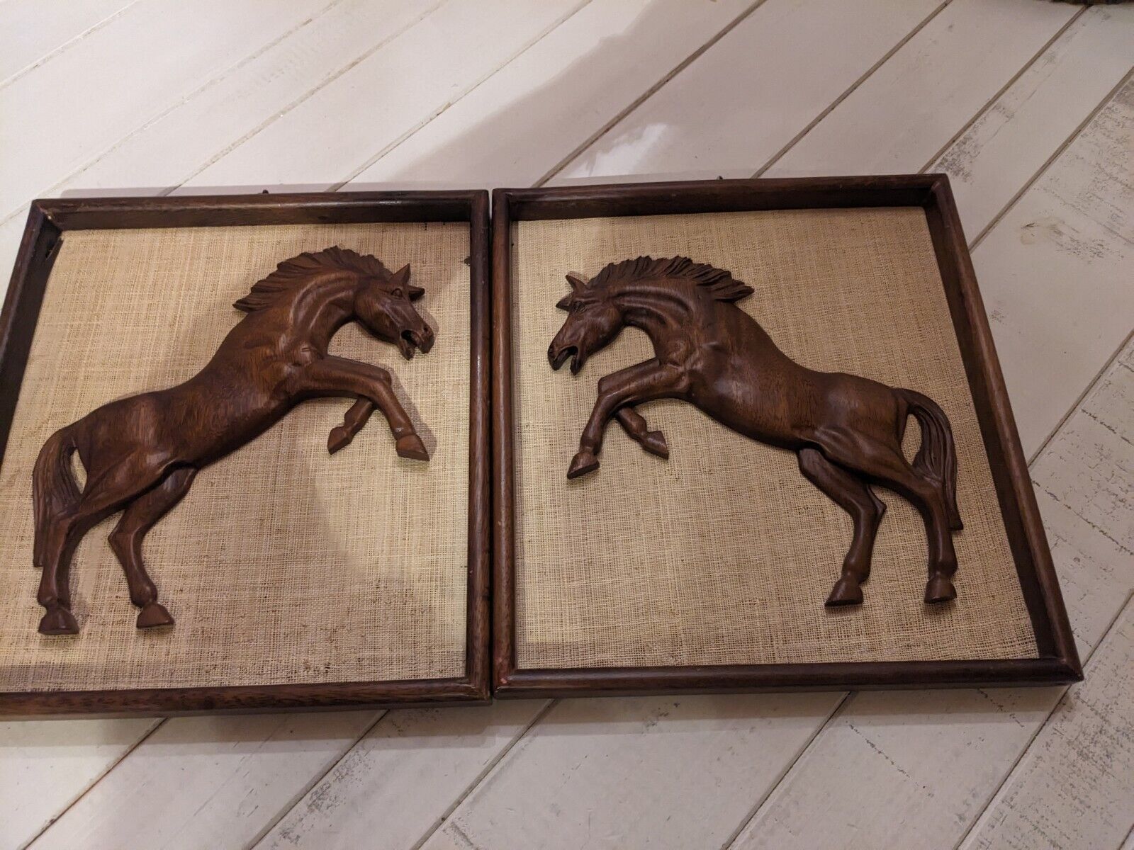 Vintage MCM Pair  Of 1960s Witco Wood Horses Equestrian Wall Hanging 12x13