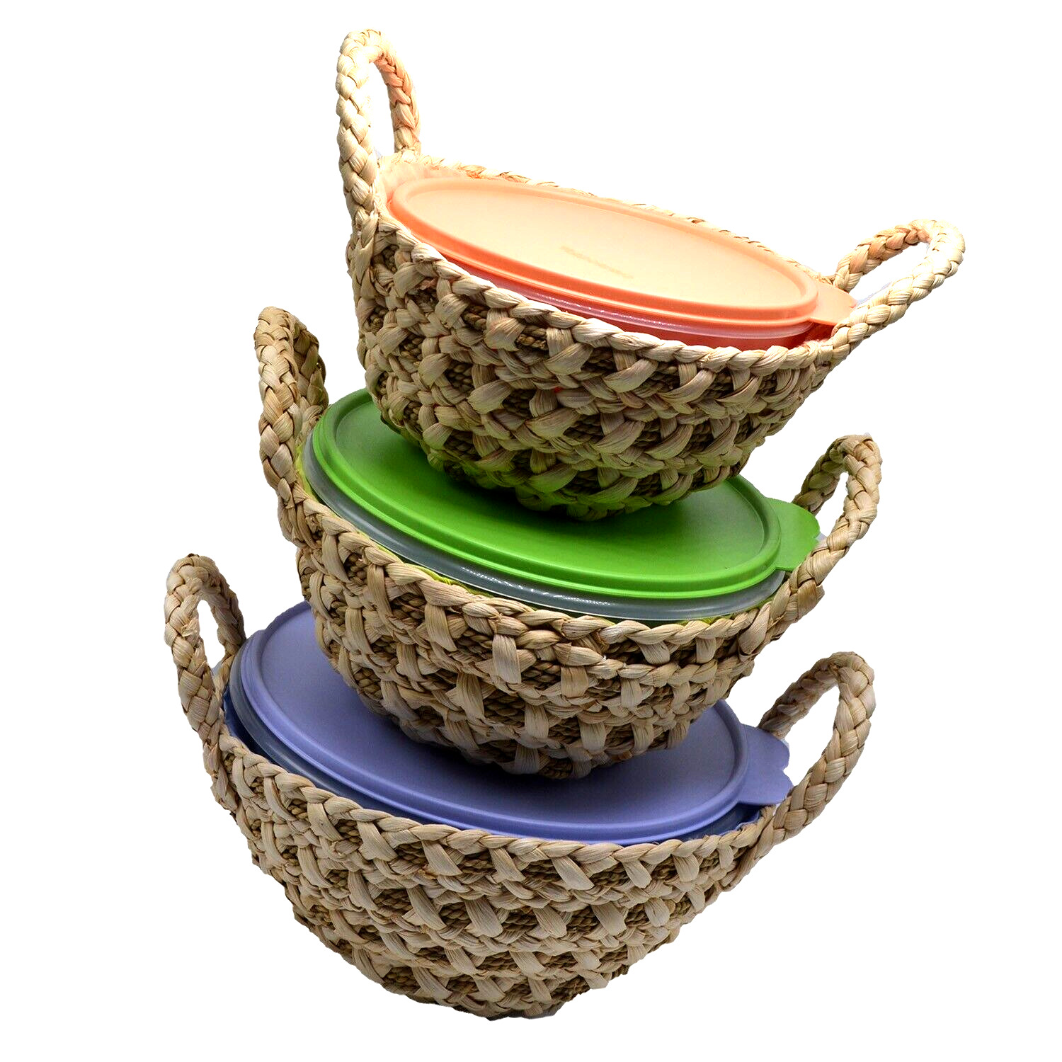 Tupperware Vintage Wonderier Bowls 4-7-10 Cups with Rattan Baskets Set of 3 NOS
