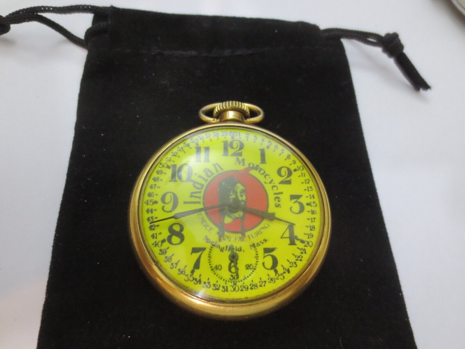 1930s 16s Pocket Watch Indian Motorcycle Ad Theme Dial Runs Well.