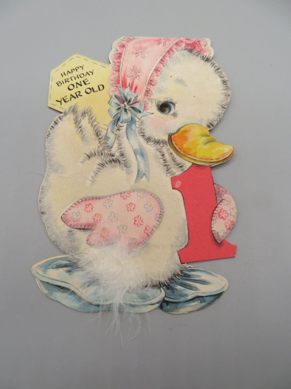 Vintage 1946 Hallmark Die Cut Flocked White Duck First Birthday Card