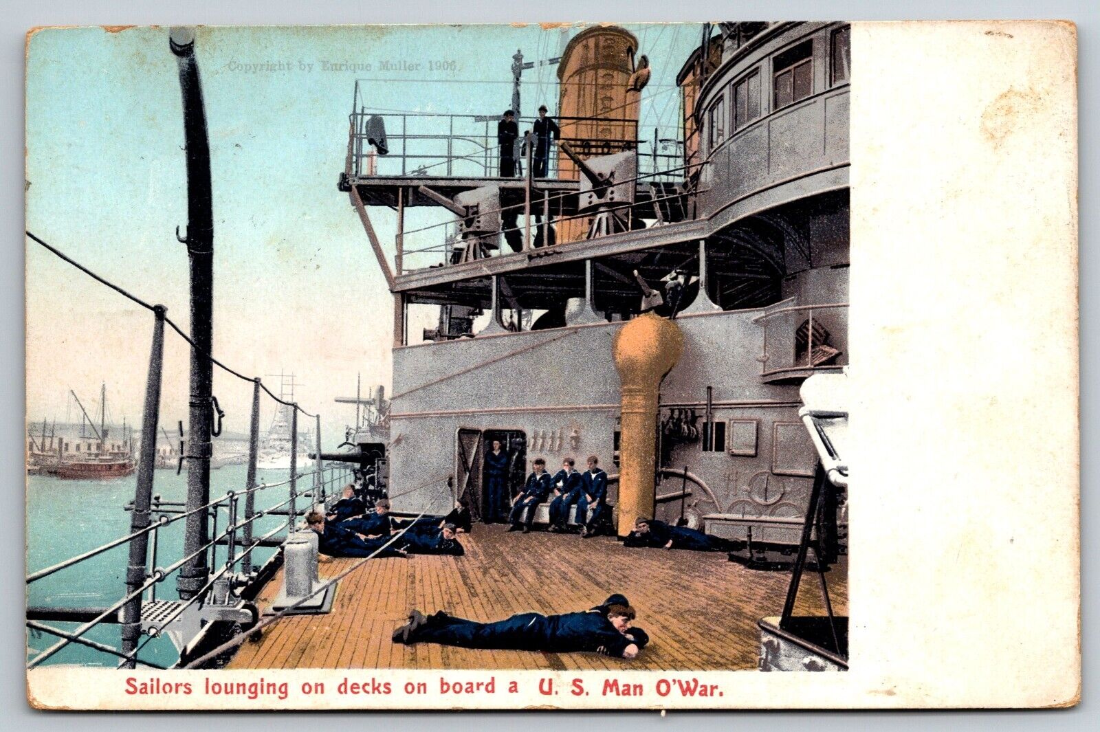 Newport RI Navy Sailors Lounging On Decks Board Man O War Battle Ship 1910