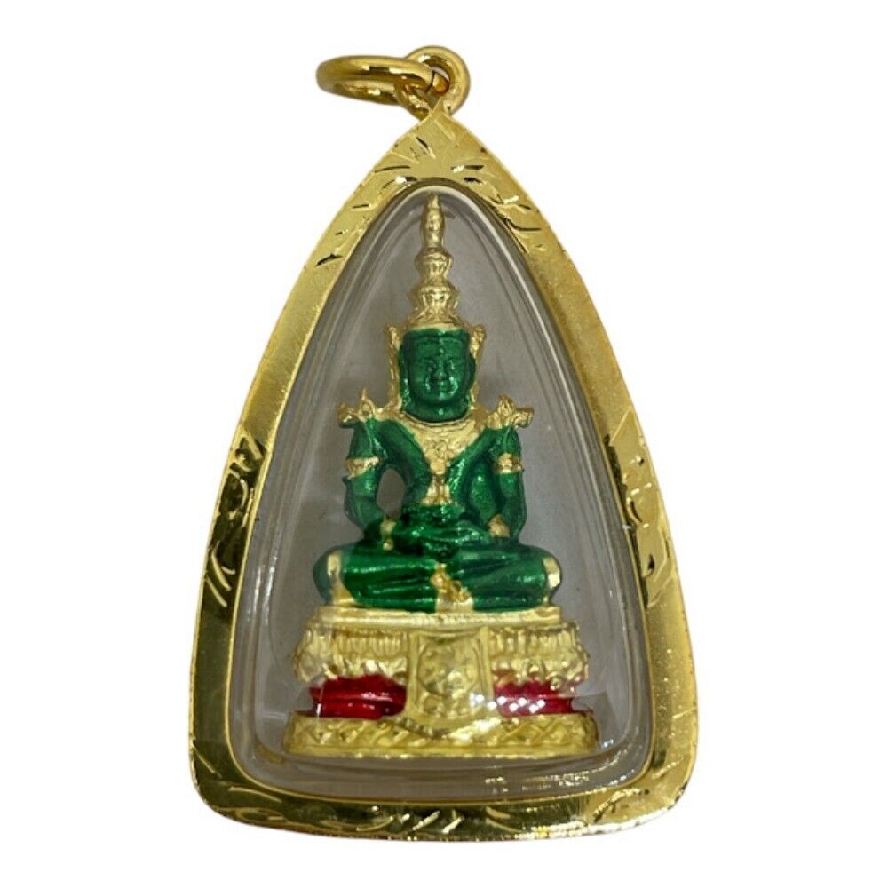 Thai Emerald Buddha Amulet Pendant Gold Plated Case #3