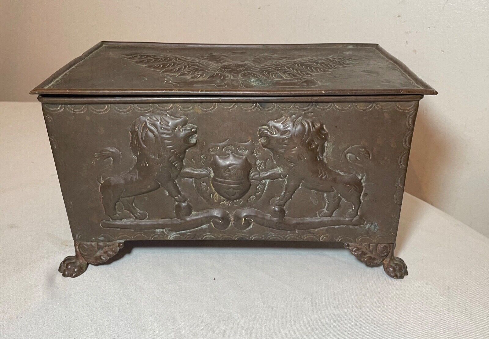 antique 1800's hand tooled copper ornate eagle lions claw footed old casket box