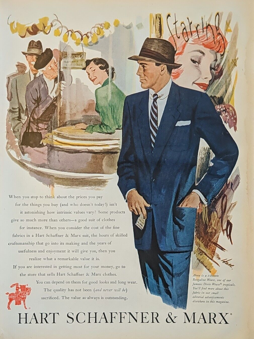 1951 Vintage Hart Schaffner Marx print ad.  Post world war II clothing