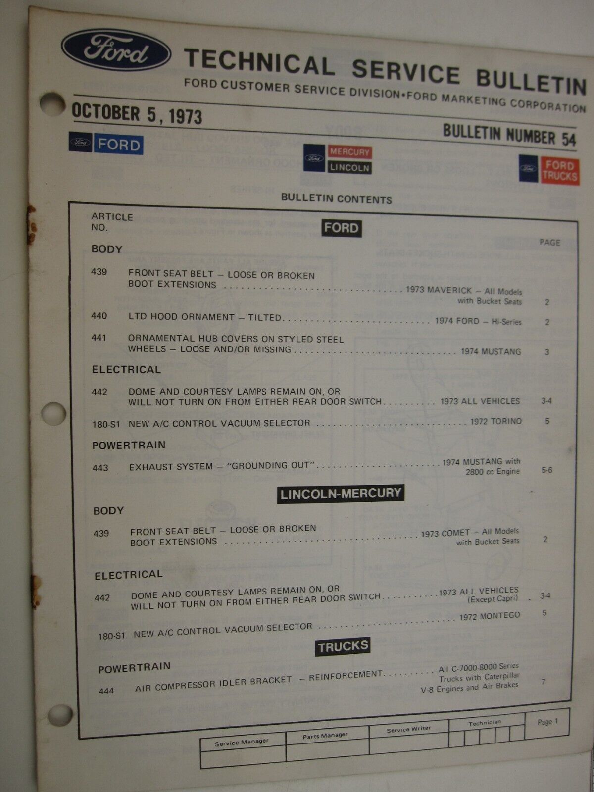 October 5, 1973 FORD Technical Service Bulletin Number 54  BIS