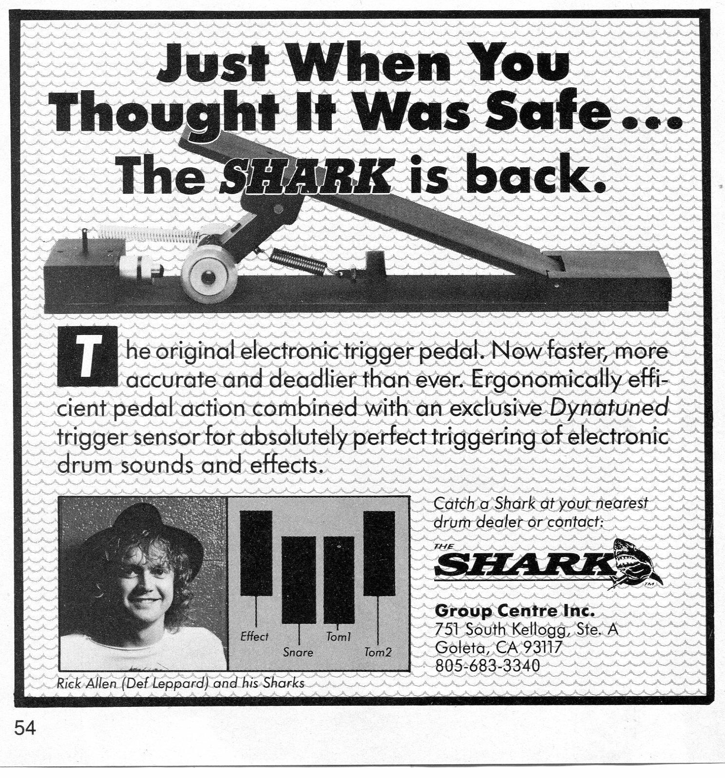 1989 small Print Ad of Shark Electronic Drum Trigger w Rick Allen Def Leppard
