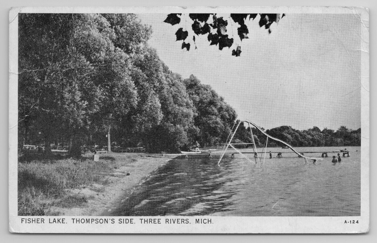 1934 Postcard Fisher Lake Thompson\'s Side Three Rivers Michigan Swimming Slide