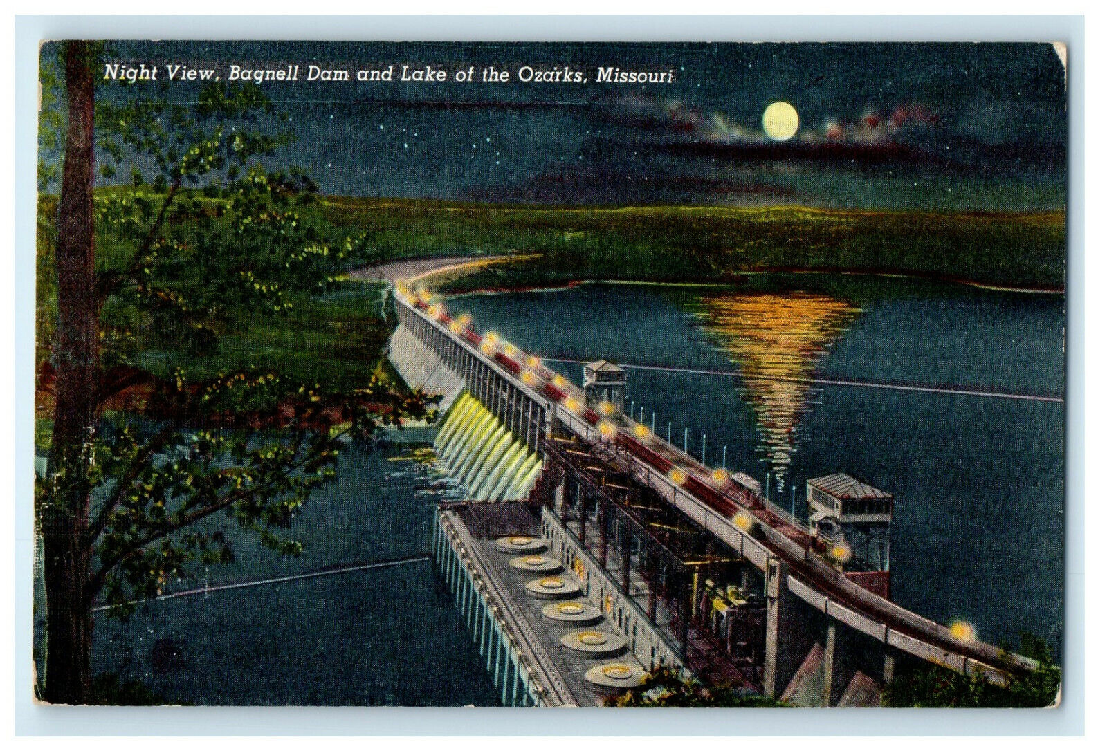 c1940s Night View, Bagnell Dam and Lake of the Ozarks Missouri MO Postcard