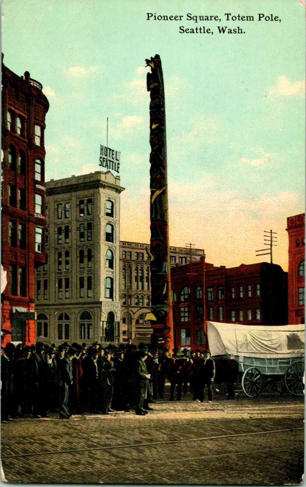Vtg Postcard c 1907 Oregon Trail Monument Expo Seattle WA Pioneer Sq Totem Pole