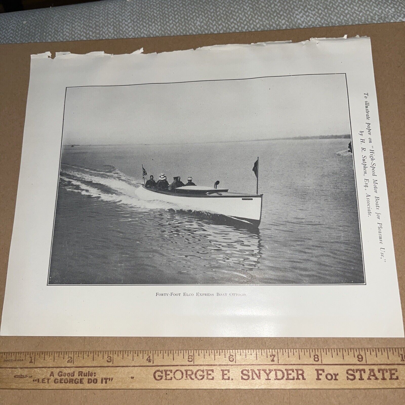 Antique 1907 Plate: 40 Foot Elco Express Boat Ottogo - High Speed Motor Boat