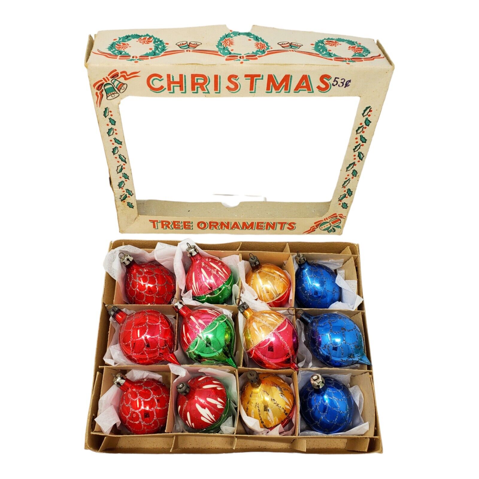 Vintage Christmas Teardrop Ornaments Poland Stenciled Mica Glitter Box of 12