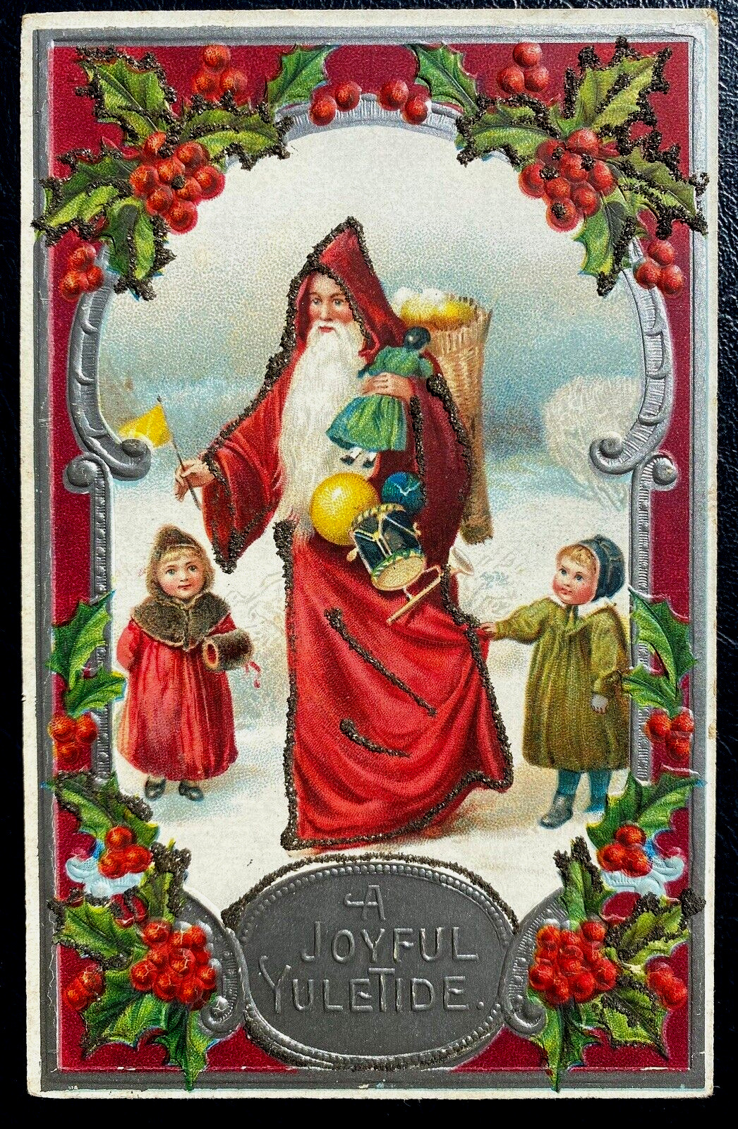 Red Robe Santa Claus with Children~Toys~Holly~Antique~Christmas Postcard~k273
