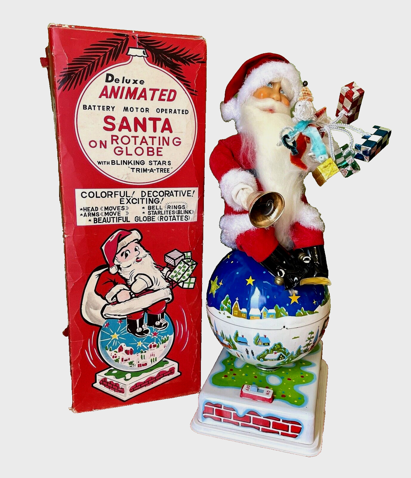 Vintage 1950’s Tin Christmas Santa on the World Globe With Box  Toy
