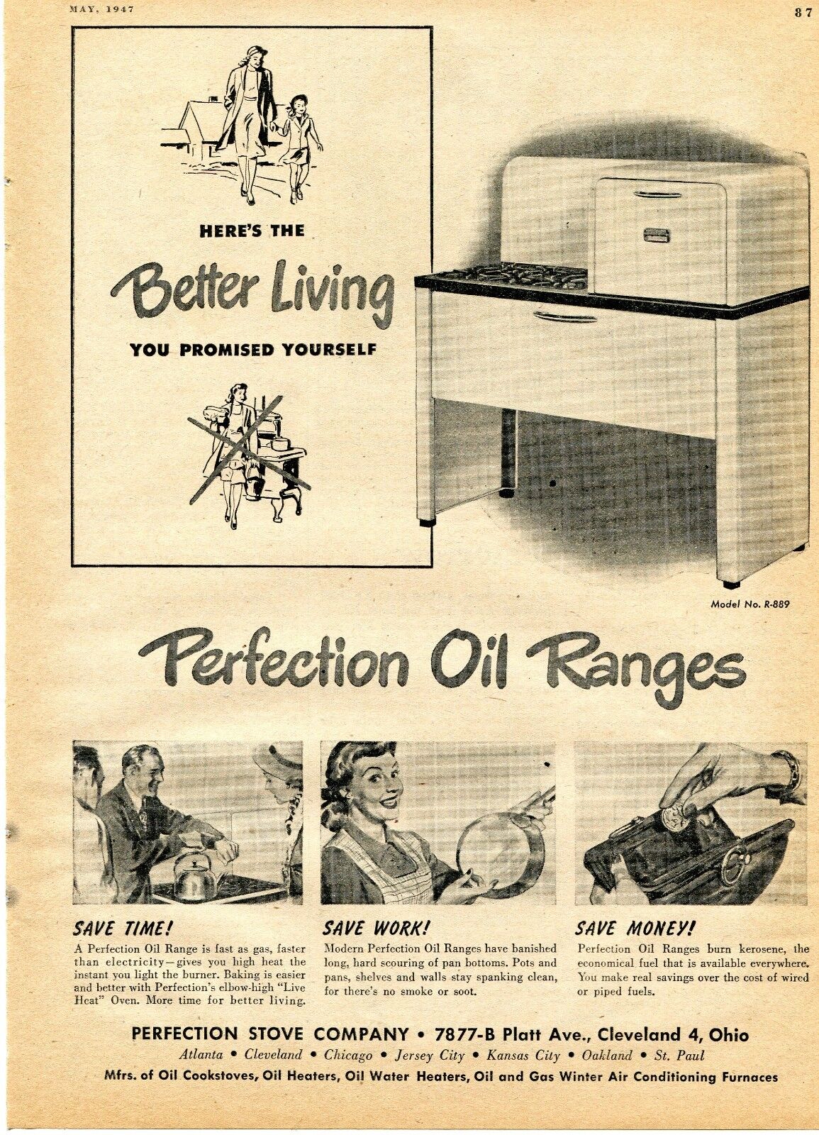 1947 Print Ad of Perfection Oil Range Oven Model R-889 better living