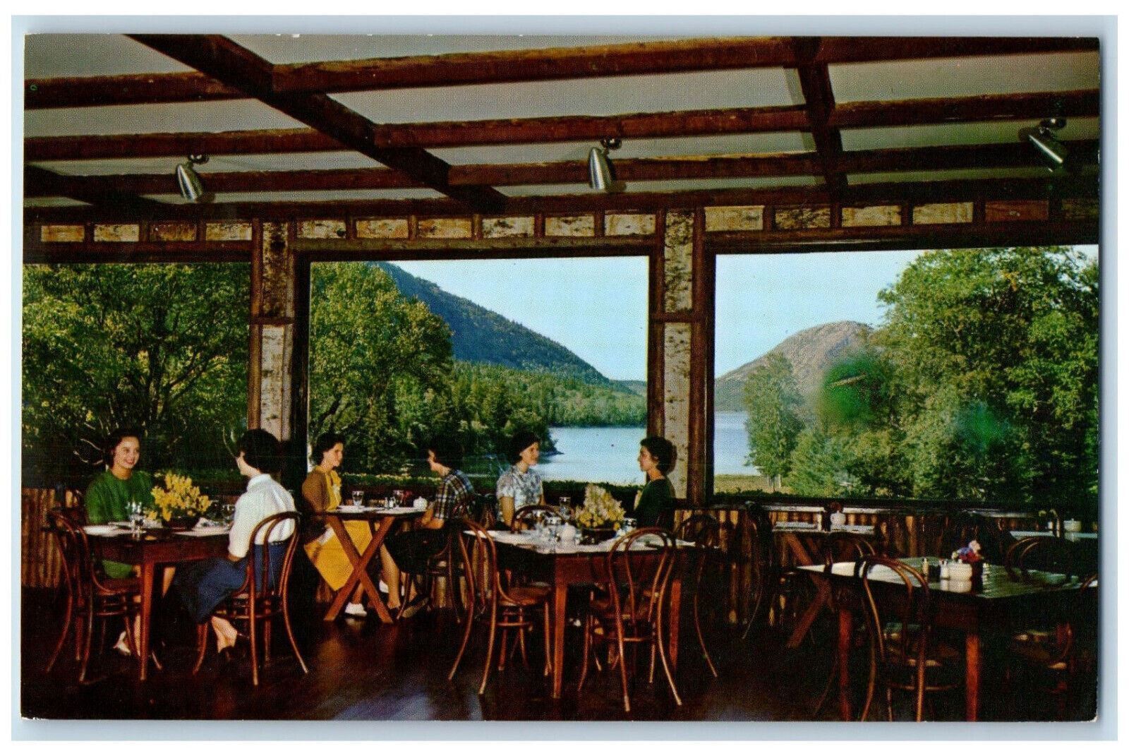 c1960s Jordan Pond House Dining Room, Bubble Mountains Acadia Maine ME Postcard