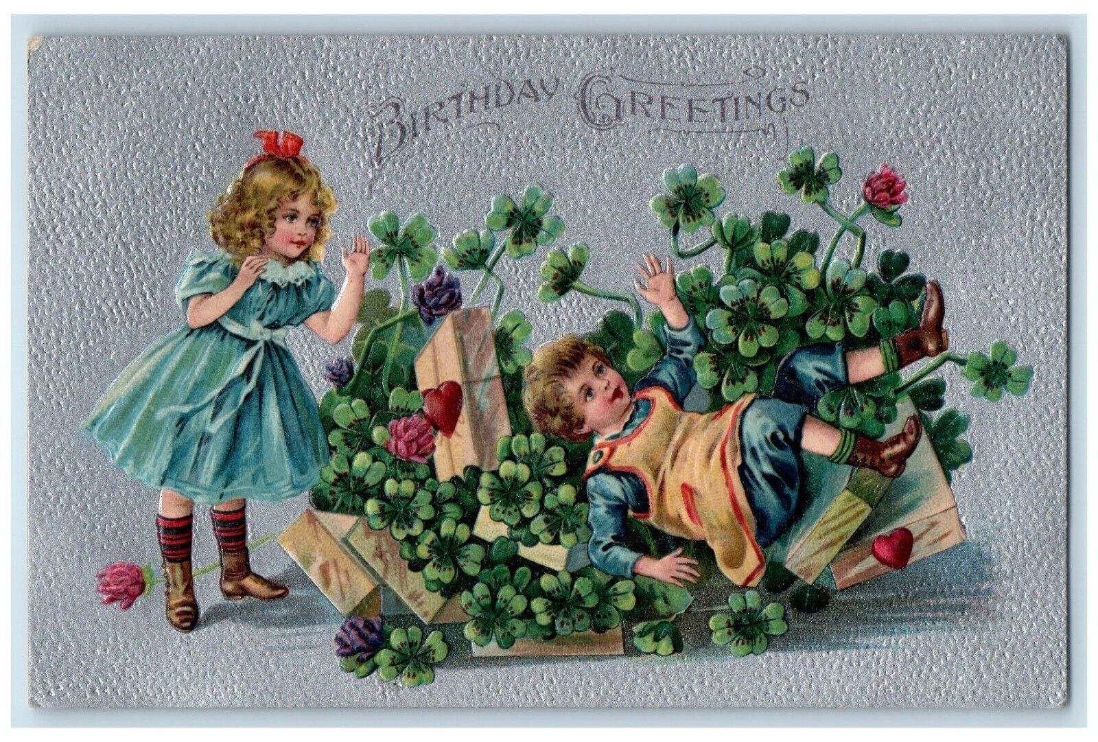 c1910's Birthday Greetings Children Clover Flowers Boxes Embossed Postcard