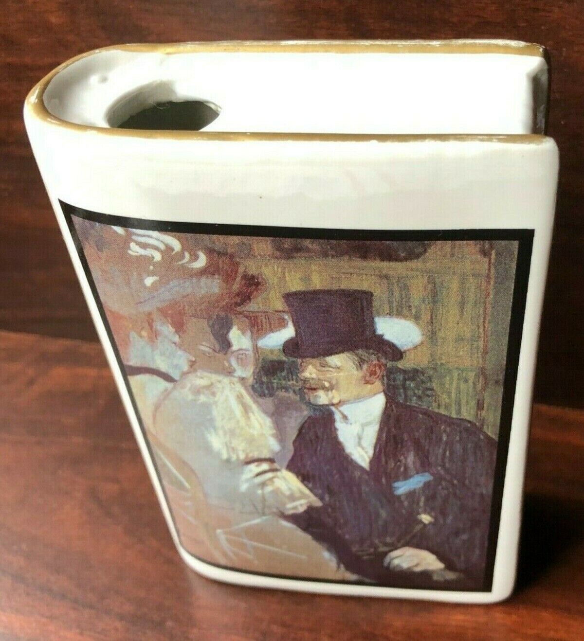 Small Ceramic Book Shape Bud Vase Flask Toulouse-Lautrec Englishman Moulin Rouge