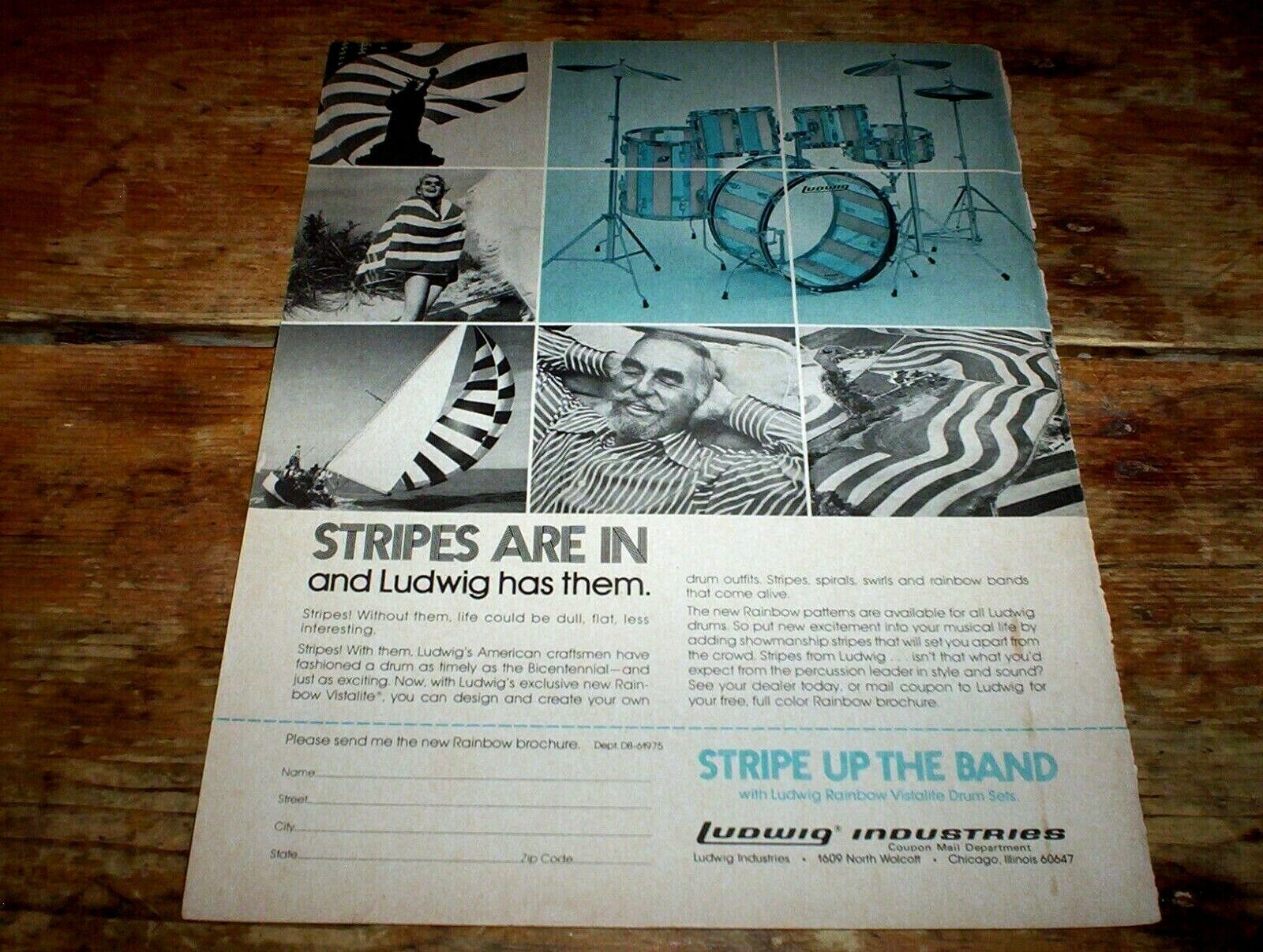 LUDWIG DRUMS ( STRIPES blue ) ORIG 1975 U.S. Vintage magazine PROMO Ad NM-