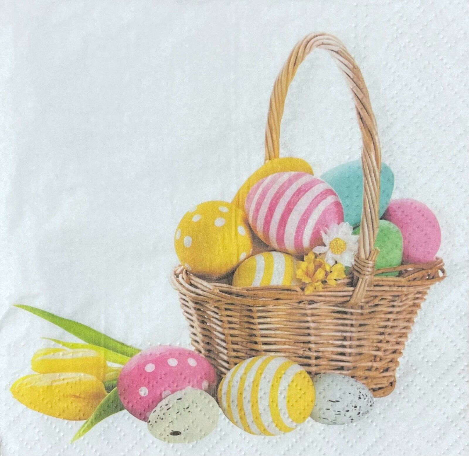 TWO Individual Decoupage Paper Luncheon Easter Eggs Basket on White Napkins