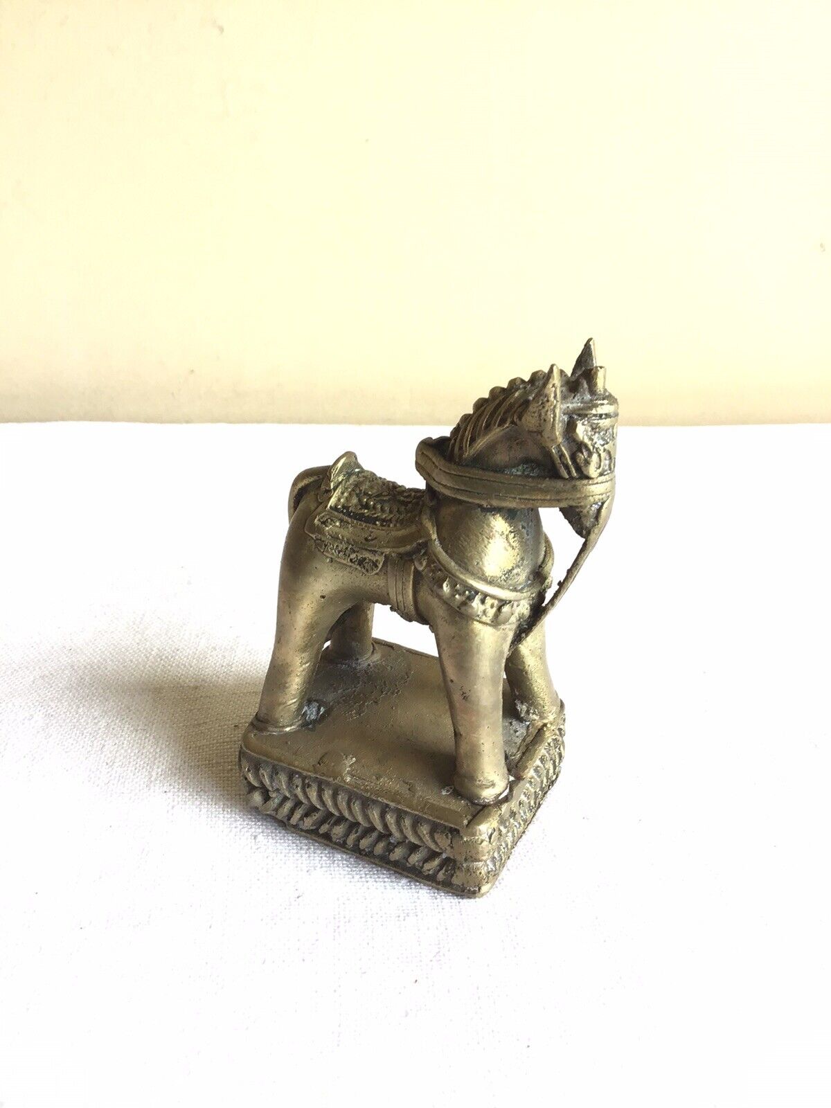 Vintage India Gold Cast Bronze Mughal Horse On Pinth Tribal Folk Art Figurine
