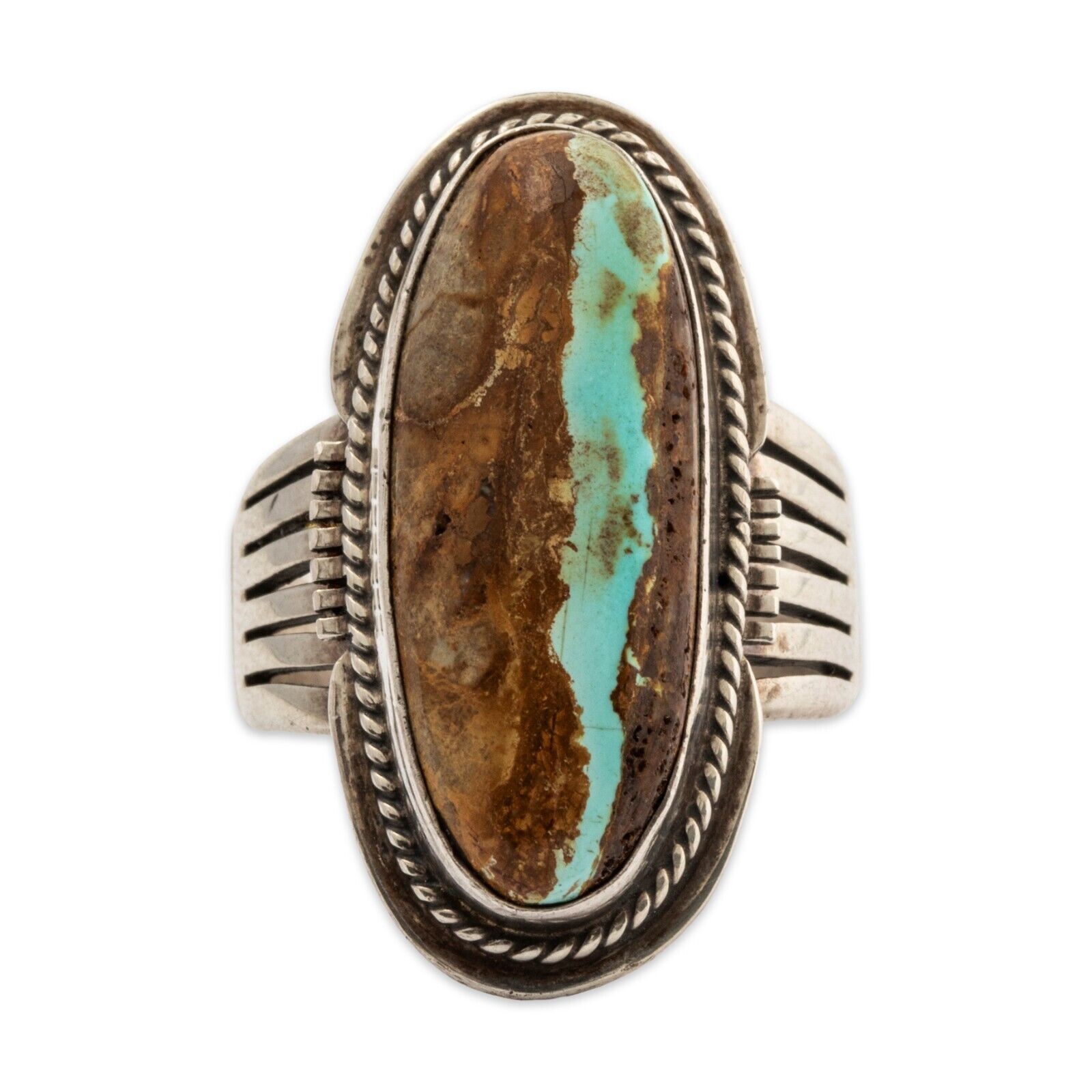 NATIVE AMERICAN STERLING ROYSTON TURQUOISE APPLIED WIRE, FILE WORK RING 8.5