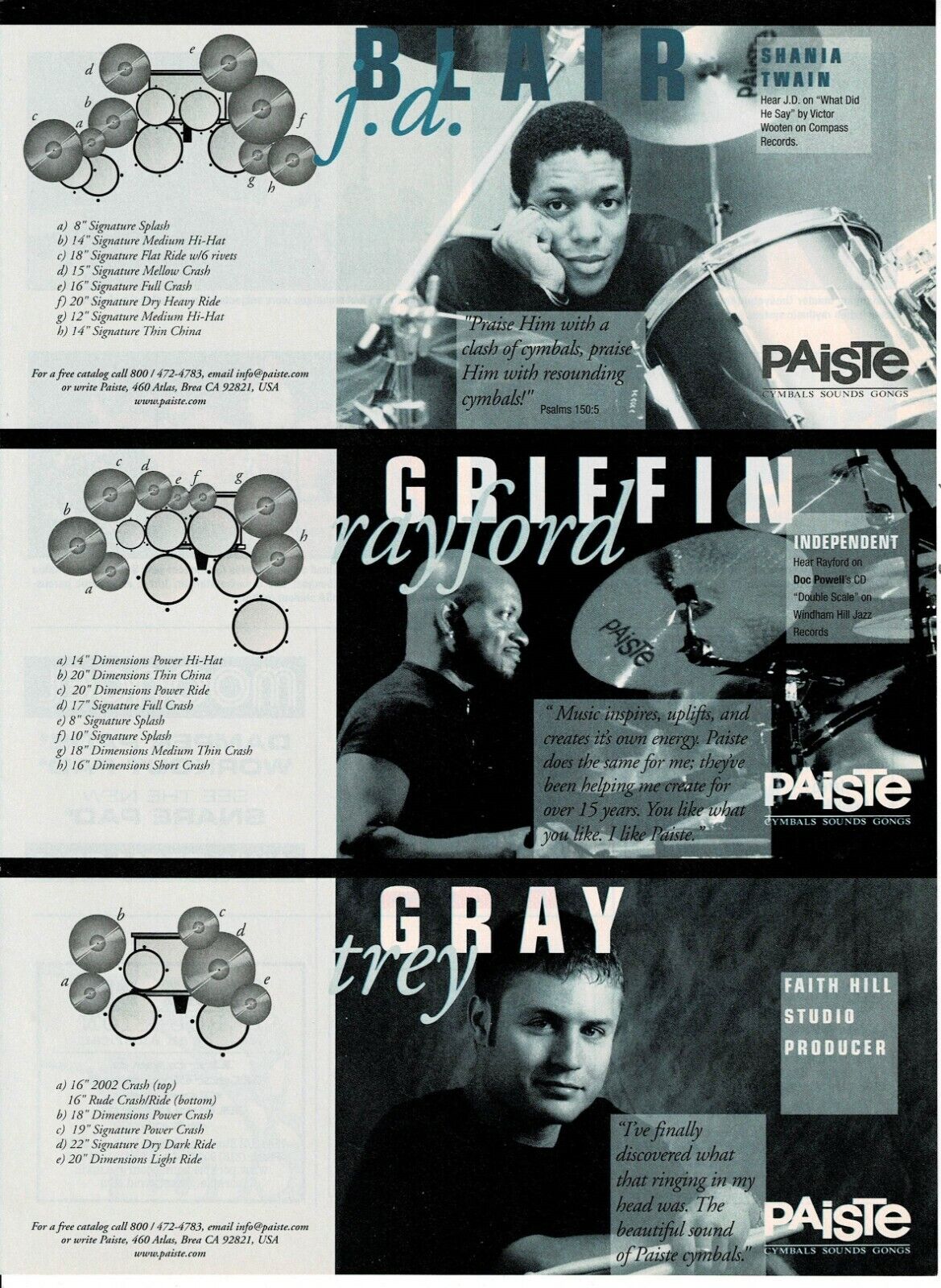 PAISTE CYMBALS - J.D. Blair / Rayford Griffin / Trey Gray - 2001 Print Ad