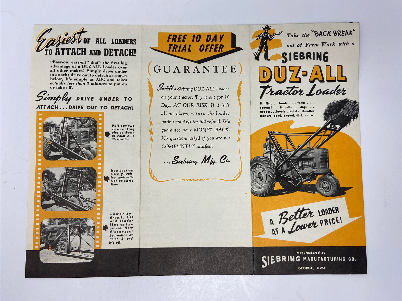 Early Siebring Duz-All Tractor Loader Sales Brochure Advertising Antique Photos