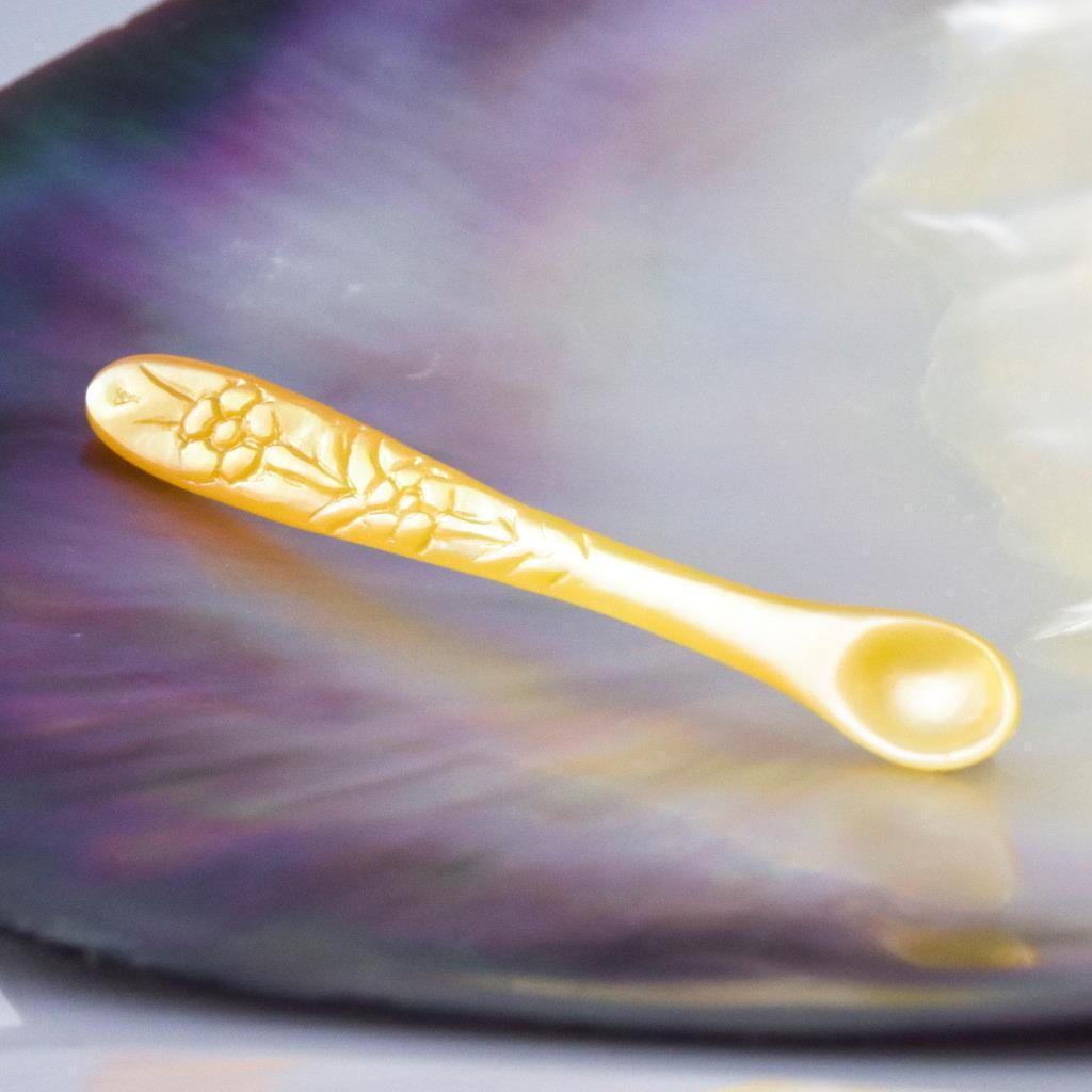 Ornate Salt Spoon Carved Golden Mother-of-Pearl with Flower Relief 0.99 g