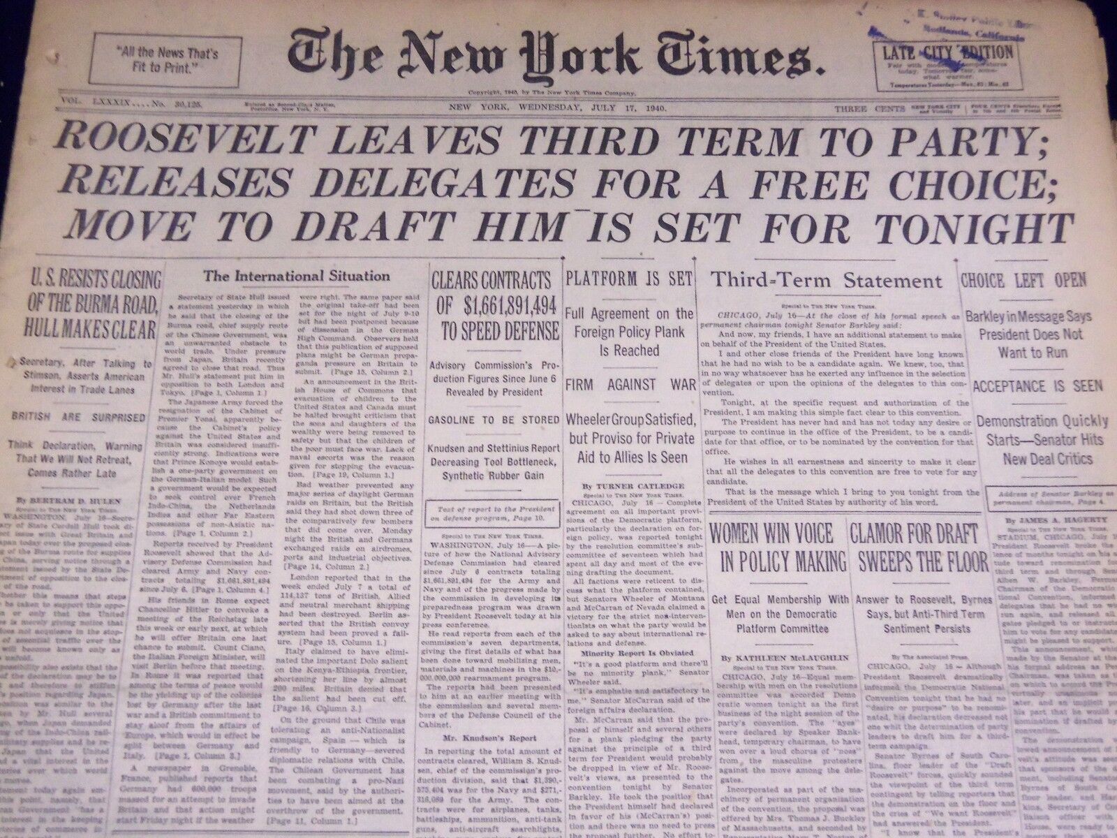 1940 JULY 17 NEW YORK TIMES - ROOSEVELT LEAVES 3RD TERM TO PARTY - NT 2949