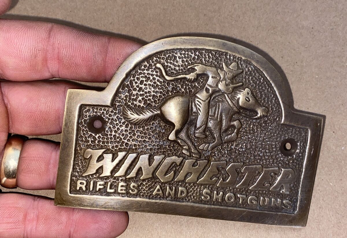 Brass Winchester Plaque Sign Patina Rifles Ammunition Gun Collector METAL Gift