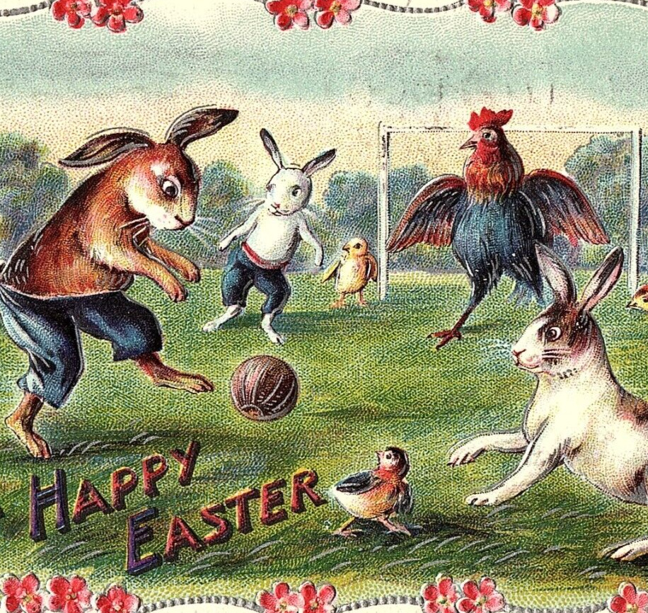 c.1911 Anthropomorphic Animals Easter Bunny Barnyard Soccer Match Postcard Goal
