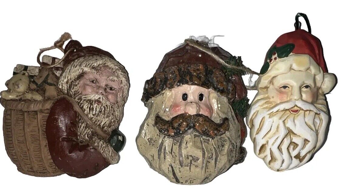 3 Rustic Primative Old World Style Santa Clause Head Ornaments, Carved & Painted