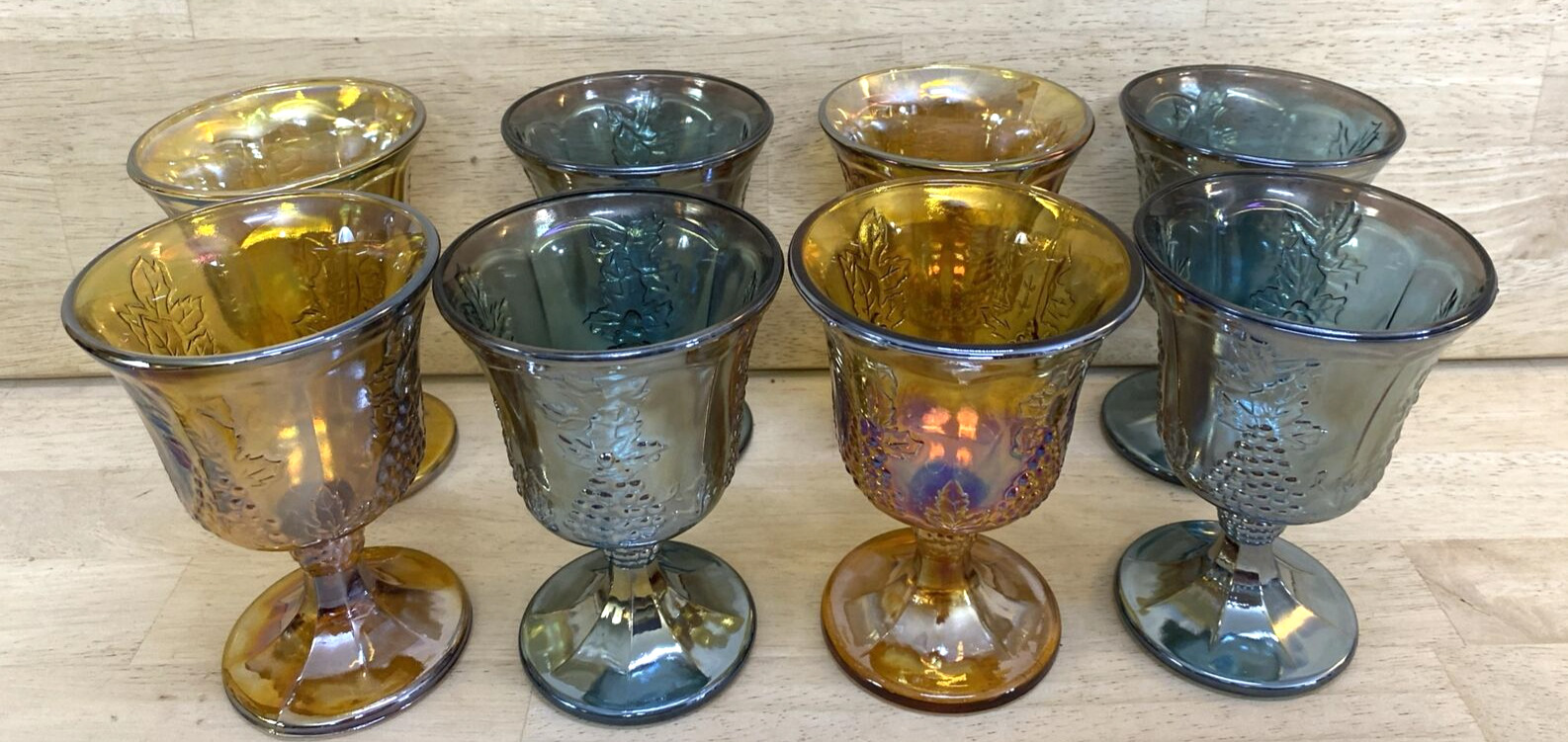 8 GLASS GOBLETS Iridescent Carnival 4 Blue & 4 Amber Grape Vintage Mixed Lot