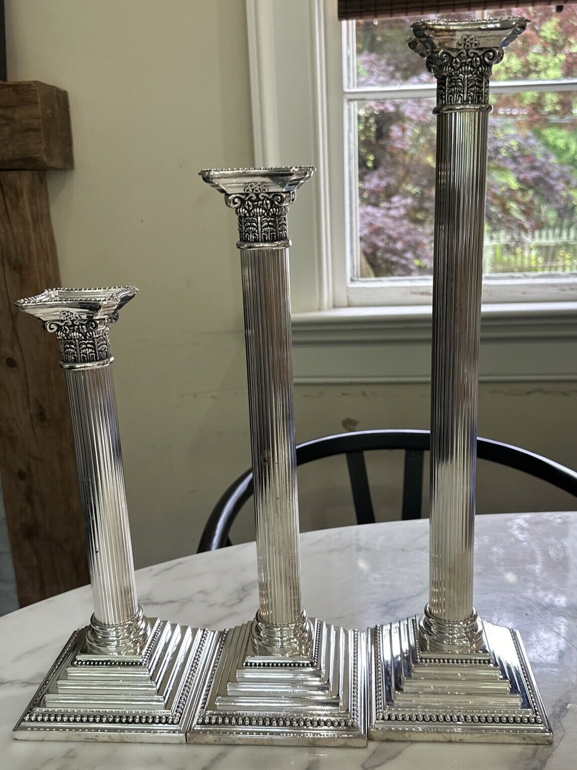 Three Godinger Silver Plated Candle Holders - Vertical Reeding - Stairstep Bases