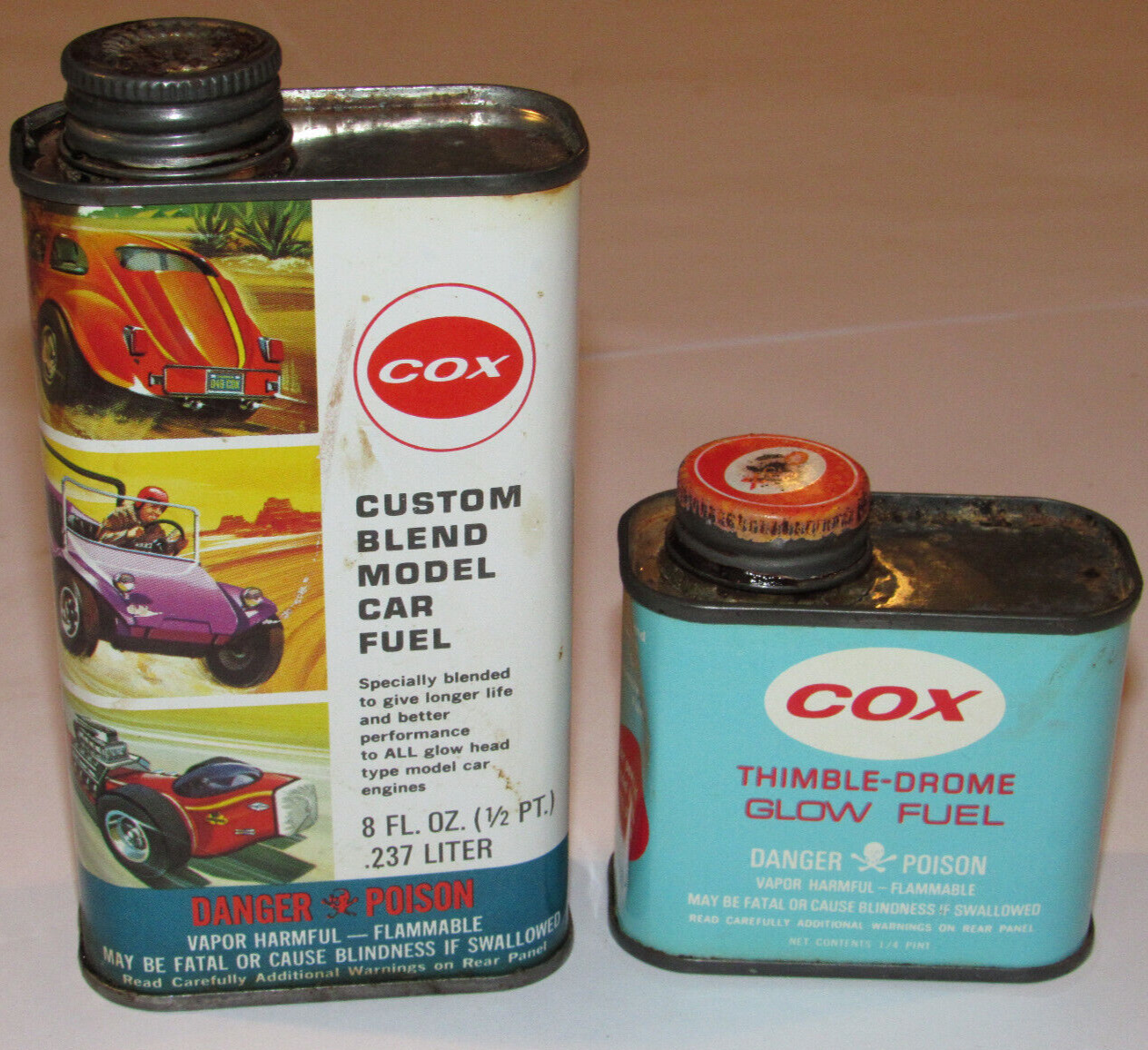 2 VINTAGE 1960s COX METAL FUEL CANS CUSTOM BLEND MODEL CAR/THIMBLE-DROME GLOW