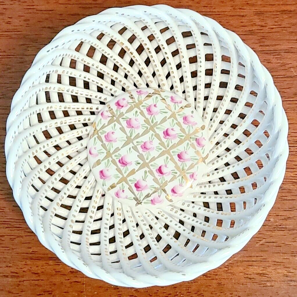 Herend Reticulated Open Weave Hand Painted Roses Trinket Basket / Dish / Bowl