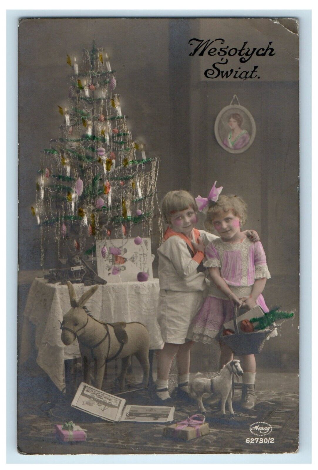 c1920's Christmas Children Rocking Horse Tint Candle Tree RPPC Photo Postcard